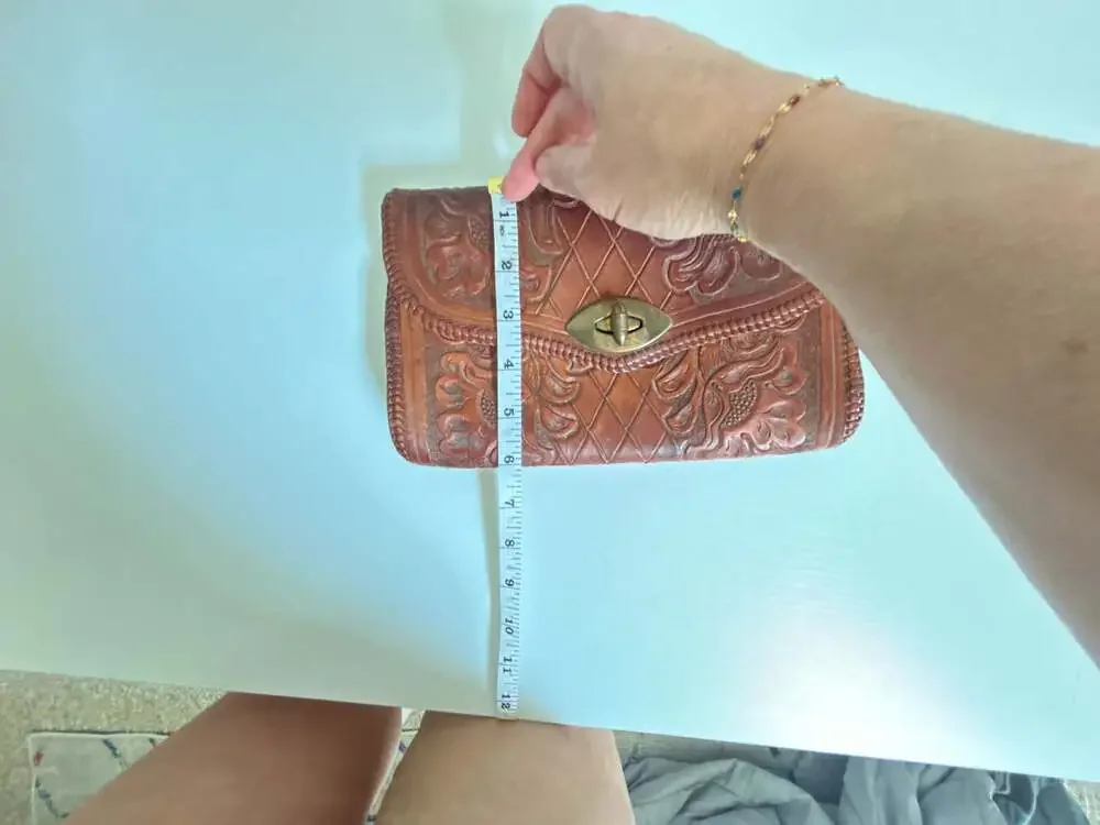 Vintage Hand-Tooled Floral Leather Clutch Purse with Turn-Lock Closure